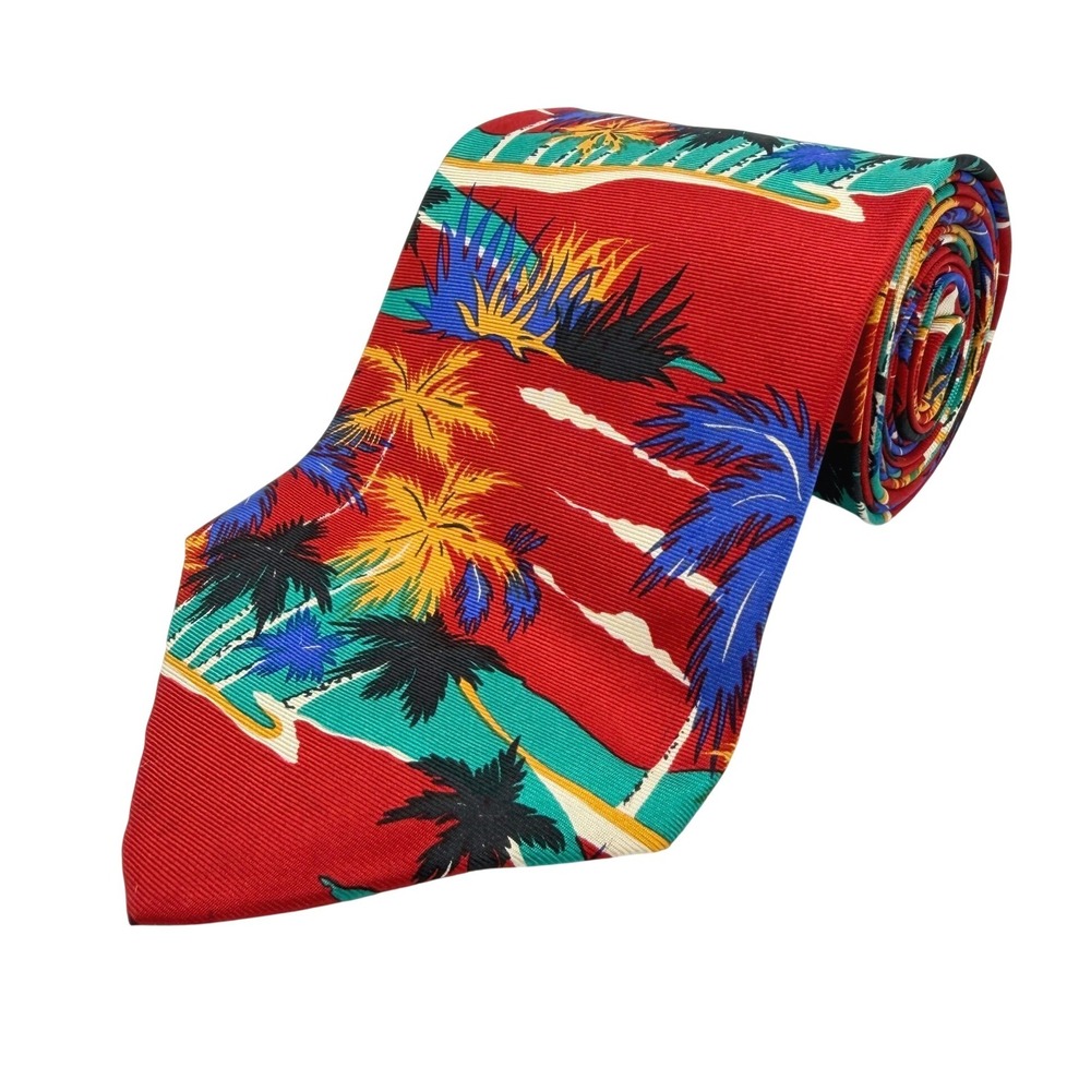 Cacharel Paris Mens Silk Tie Red Tropical Palm Tree Hand Printed Italy 55"L